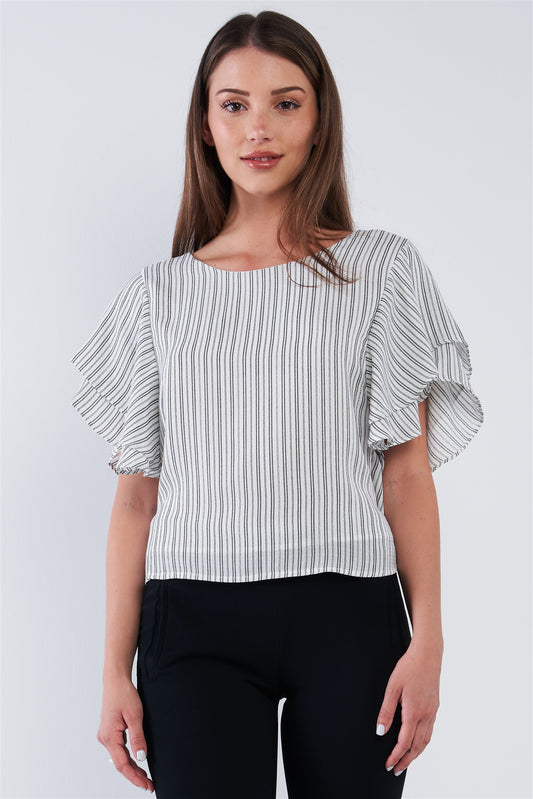 White & Black Striped Ruffled Sleeve Backless Belted Blouse Top