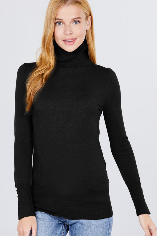 Long Sleeve With Metal Button Detail Turtle Neck Viscose Jumper