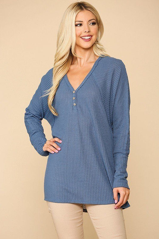 Waffle Knit And Woven Print Flowy Tunic Top