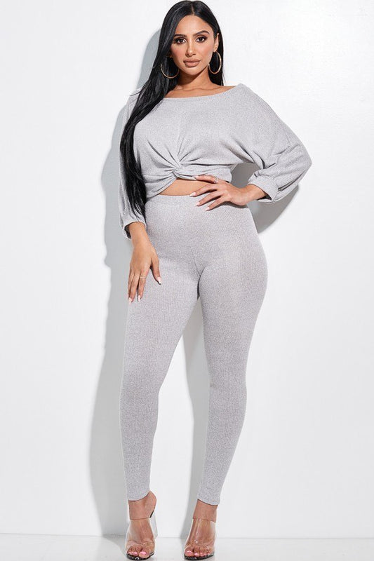 Rib Knit Knotted Front Top And Leggings Two Piece Set