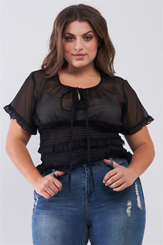 Plus size Short Sleeve U-neck With Self-tie Detail Frill Smocked Sheer Top
