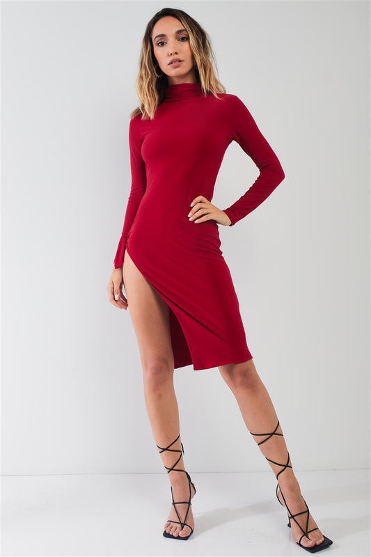 Passion Red Turtle Neck Long Sleeve Midi Dress