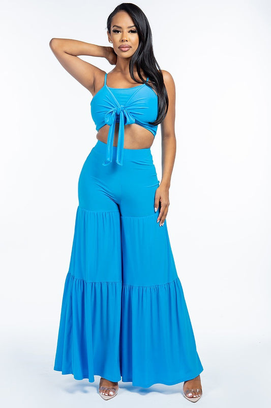 Spaghetti Strap Tank Top And Tiered Wide Leg Pants Two Piece Set