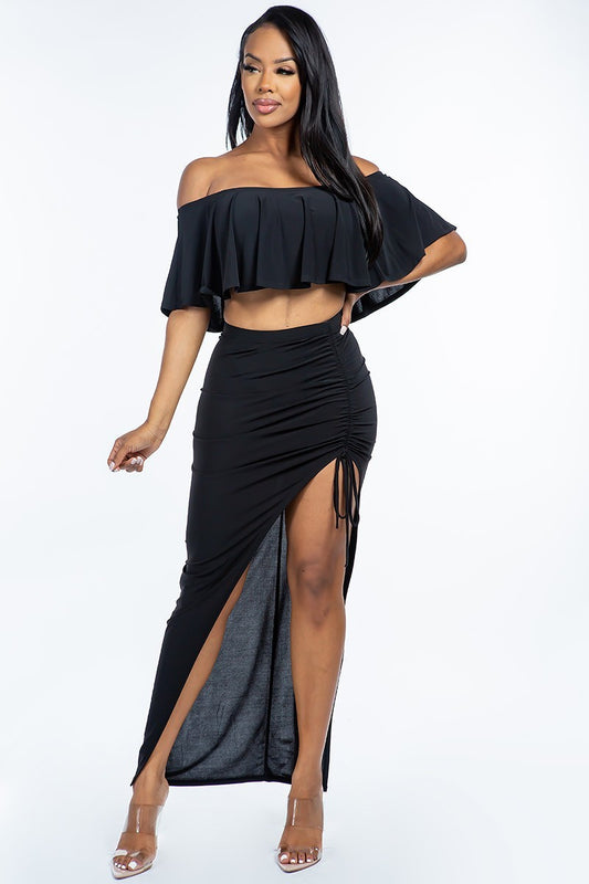 Off The Shoulder Ruffled Cropped Top And Ruched Maxi Skirt Two Piece Set