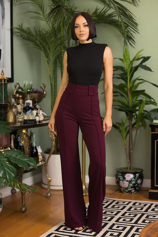 High Waist Trousers With Self Fabric Buckle Detail On The Waist