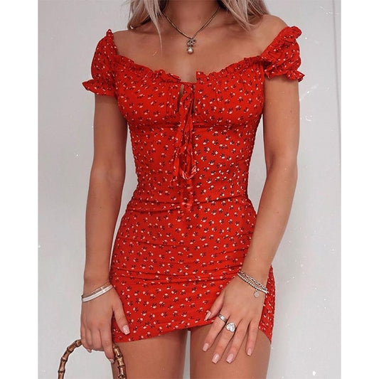 Floral Wrap Off The Shoulder Tie Up Front Ruffle Dress